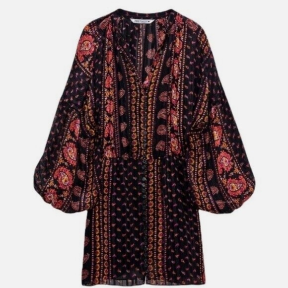 Zara Paisley Floral Print Blouson  Mini Dress size M. NWT - Picture 1 of 9